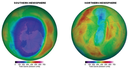 Maximum historical depletion over the southern hemisphere (9 September 2000) and over the northern hemisphere (15 March 2011)