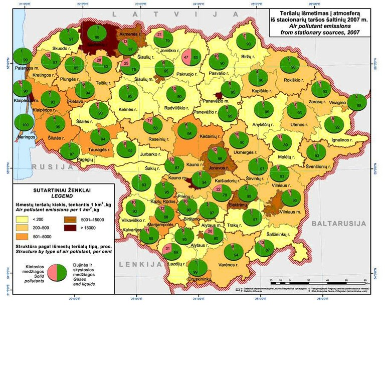 Fig. 2. Emissions of pollutants (kg) per 1 km2 from stationary sources in 2007 Source: The Department of Statistics. 