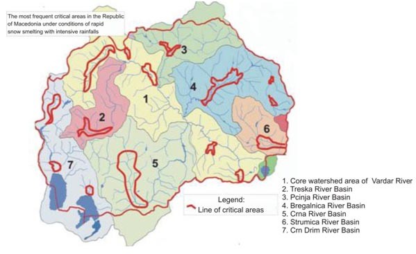 Map 3: The most frequent critical areas in the Former Yugoslav Republic of Macedonia under conditions of rapid snow smelting with intensive rainfalls