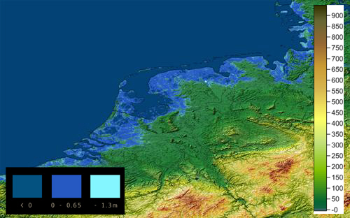 Topoqraphy, sea level increase from 0 to 1.Sm overlay - The Netherlands