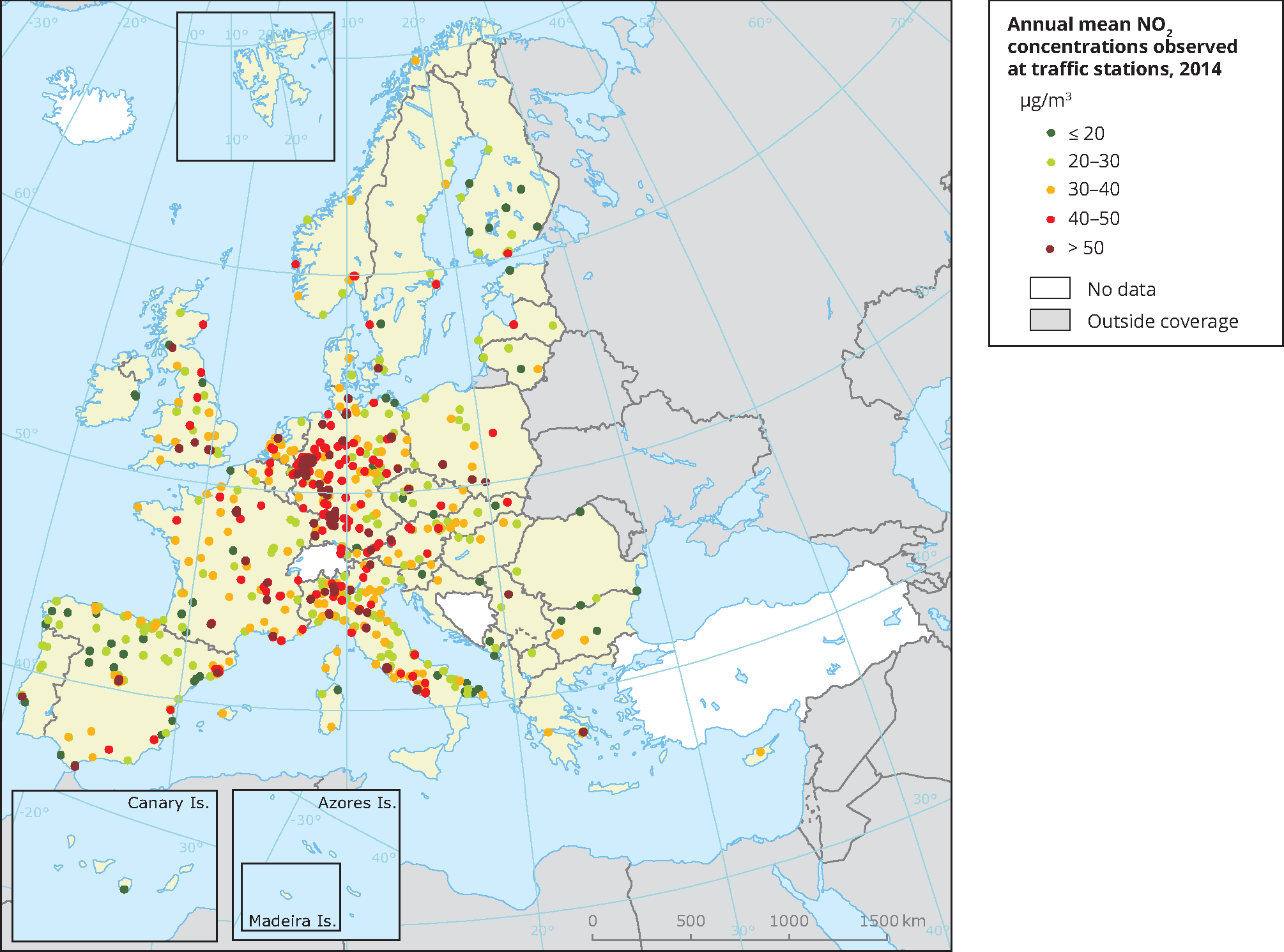 Annual mean NO2 concentrations observed at traffic stations, 2014