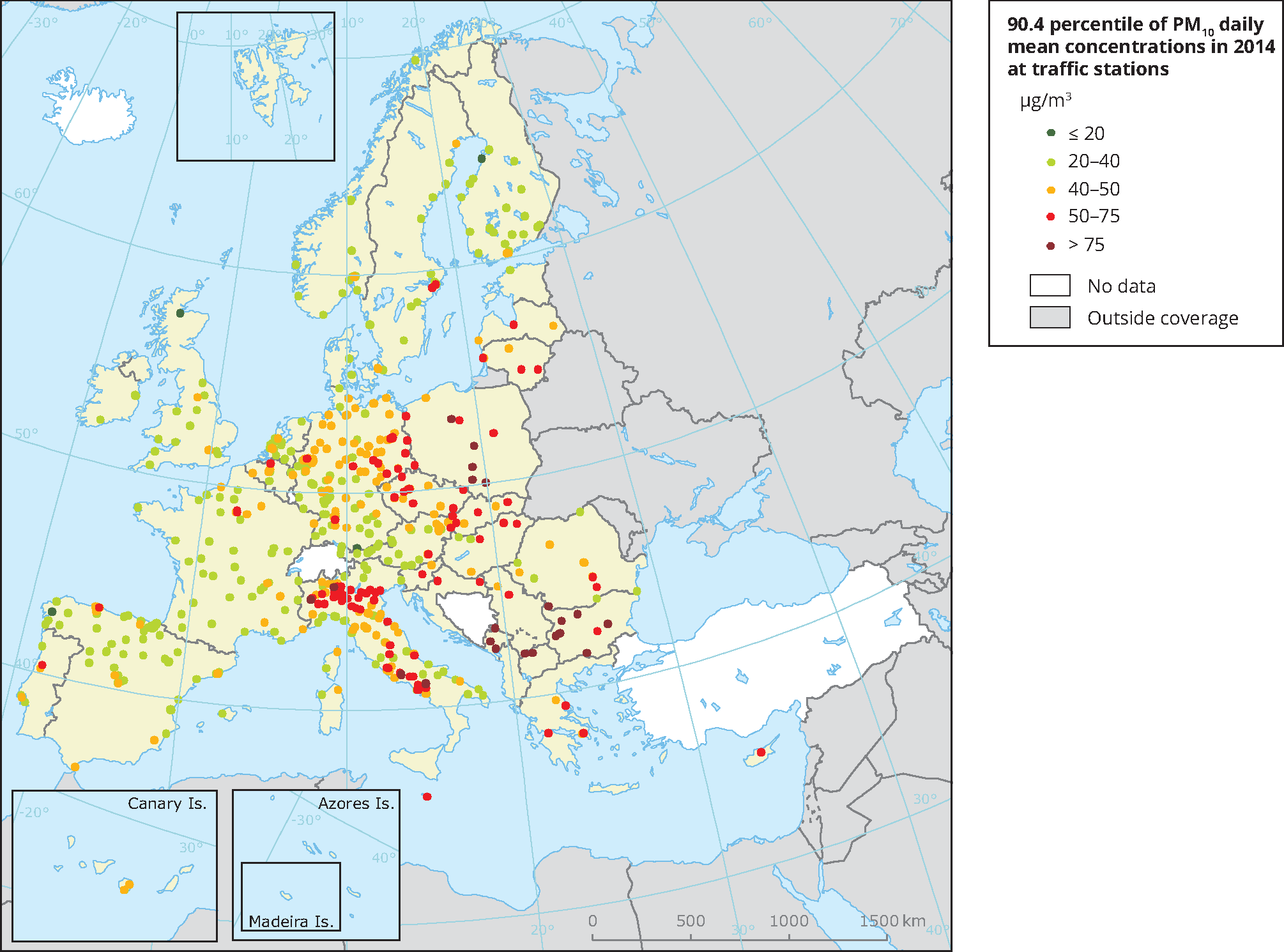 90.4 percentile of PM10 daily mean concentrations observed at traffic stations, 2014