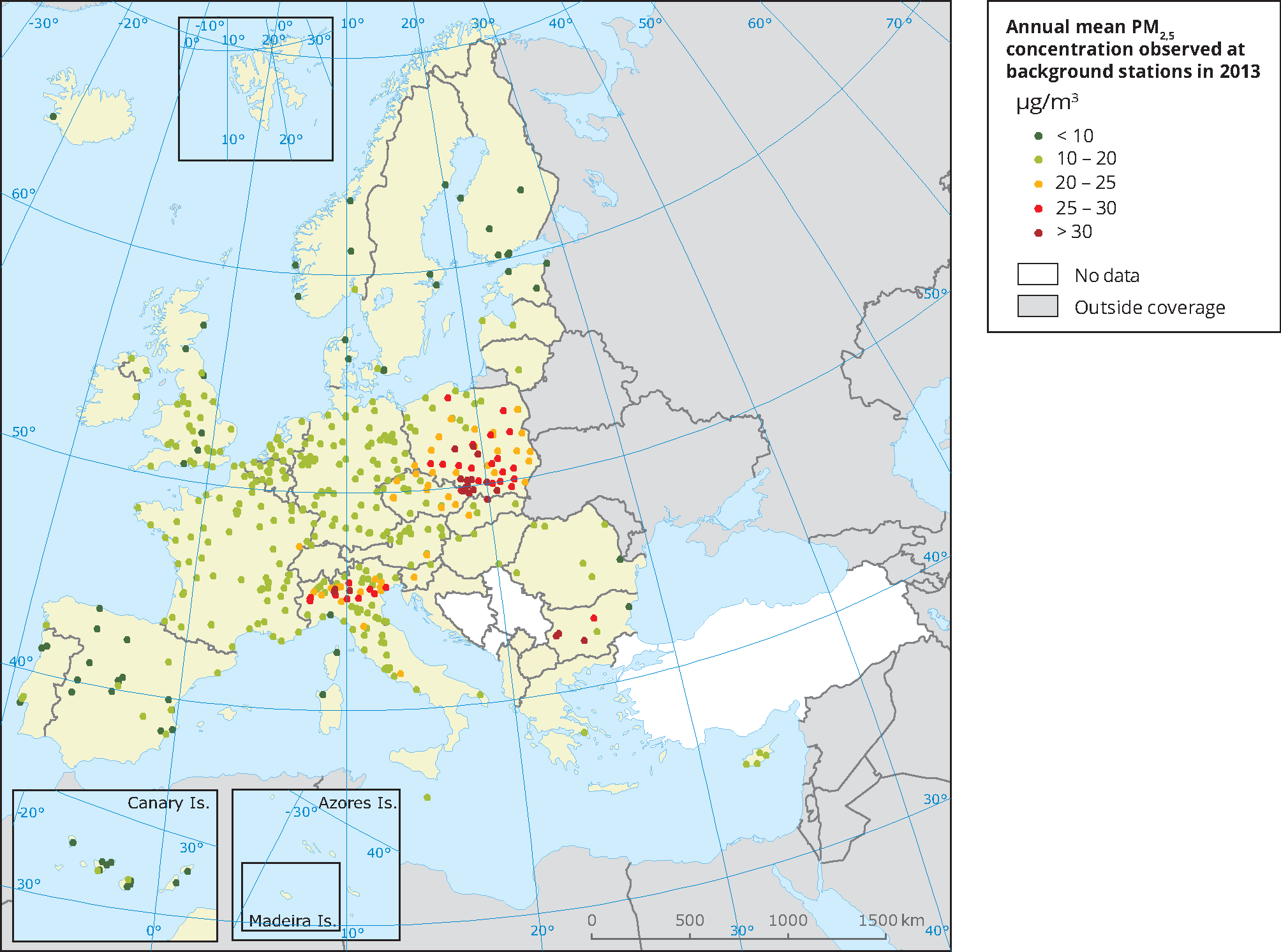 Annual mean PM2.5 concentrations observed at background stations