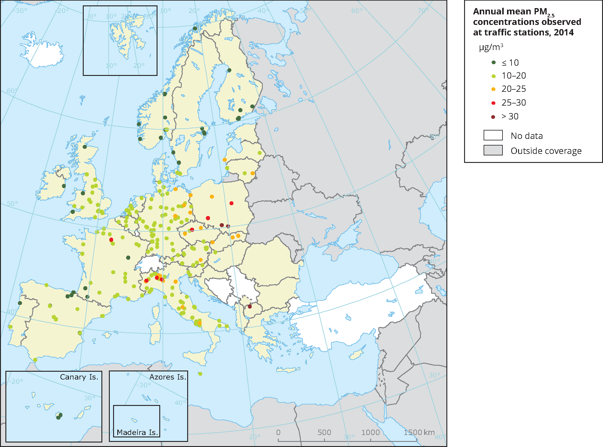 Annual mean PM2.5 concentrations observed at traffic stations, 2014