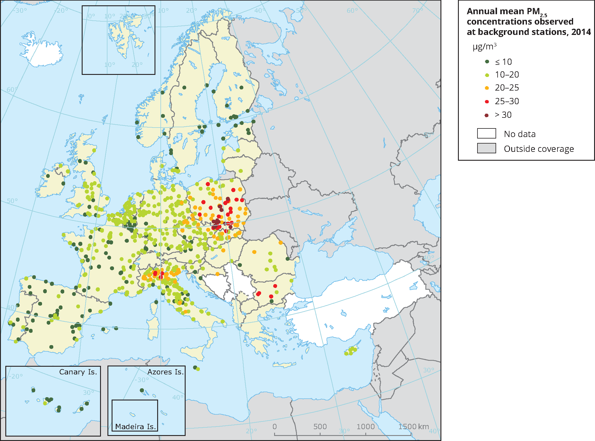 Annual mean PM2.5 concentrations observed at background stations, 2014