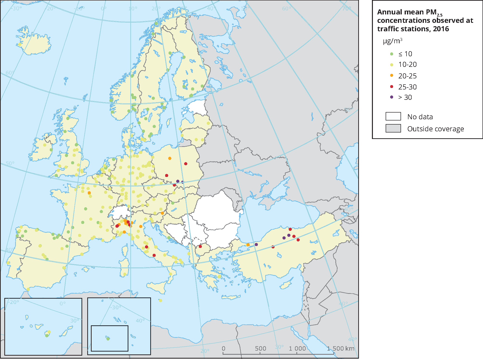 Annual mean PM2.5 concentrations observed at traffic stations, 2016