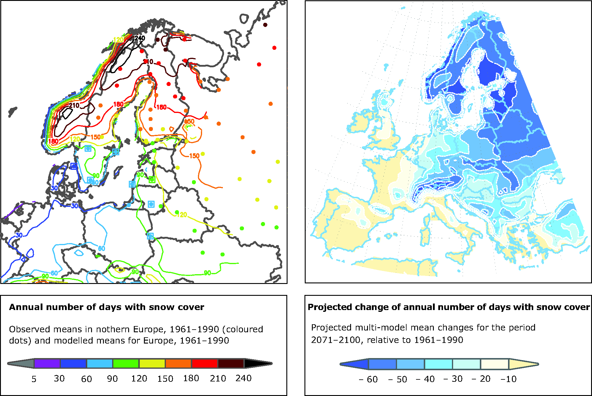 Annual number of days with snow cover over European land areas 1961-1990 and projected change for 2071-2100