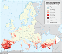 Areas in Europe with additional water stress in the future under a temperature increase of 3 °C.