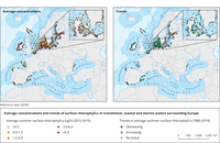 Average concentrations and trends of surface chlorophyll-a in transitional, coastal and marine waters surrounding Europe
