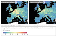 Average NO2 pollution level (tropospheric vertical column) for 15 March - 15 April 2019 (left panel) and for the same period in 2020 (right panel)