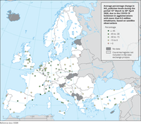 Average percentage change in NO2 pollution levels during the period 15th March to 30th April, due to the COVID-19 lockdown in agglomerations with more than 0.5 million inhabitants, based on satellite observations