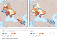 Average river ammonium concentration and BOD for 2015-2017 by river basin