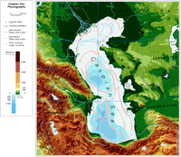 Caspian Sea physiography (depth distribution and main currents)