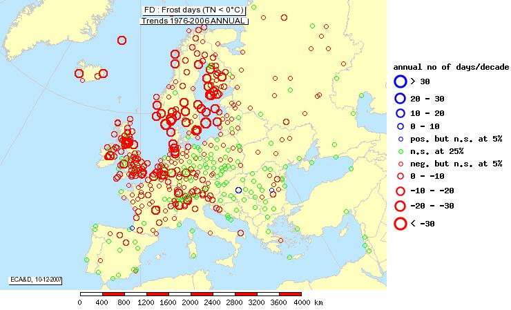 Change in frequency of frost days in Europe, in the period 1976-2006 (in days per decade)