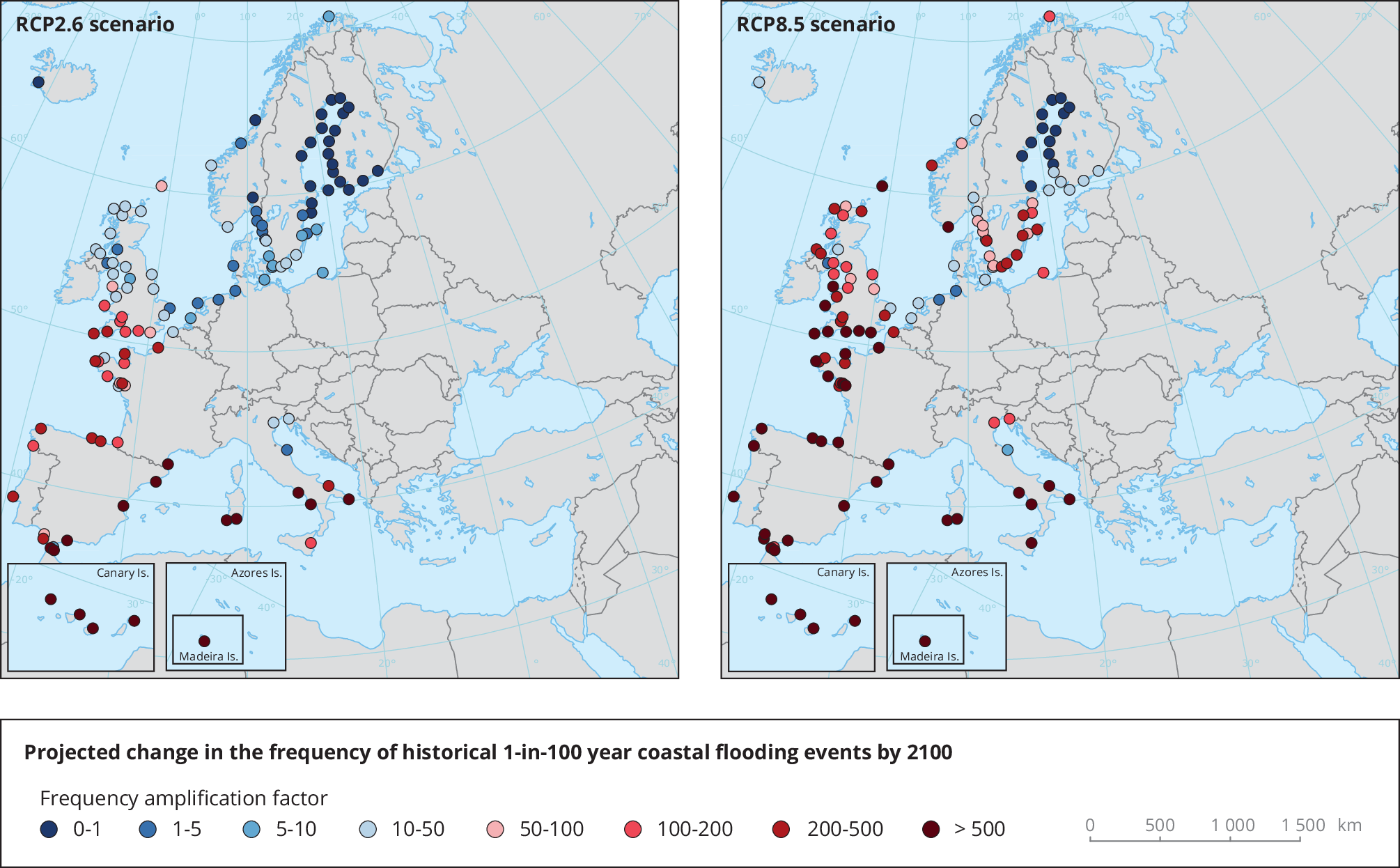 Change in the frequency of flooding events in Europe given projected sea level rise under two climate scenarios