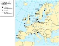 Change of sea level at selected stations in Europe from 1896 to 1996