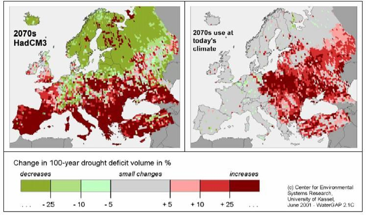 Change on magnitude of 100-year droughts. Left map: Comparison of results calculated with Water GAP 2.1 for today’s climate (1961-90) and for 2070s (HadCM3 climate model and Baseline-A water use scenario). Right map: Comparison of results calculated with WaterGAP 2.1 for today’s climate and water use (1961-90) and for 2070s (Baseline-A water use scenario at today’s climate)