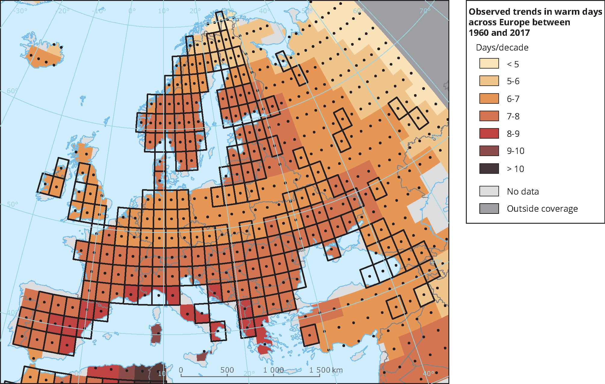 Observed trends in warm days across Europe between 1960 and 2017