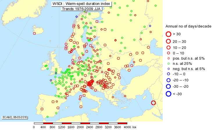 Observed changes in warm spells indices 1976-2009 (in days per decade)