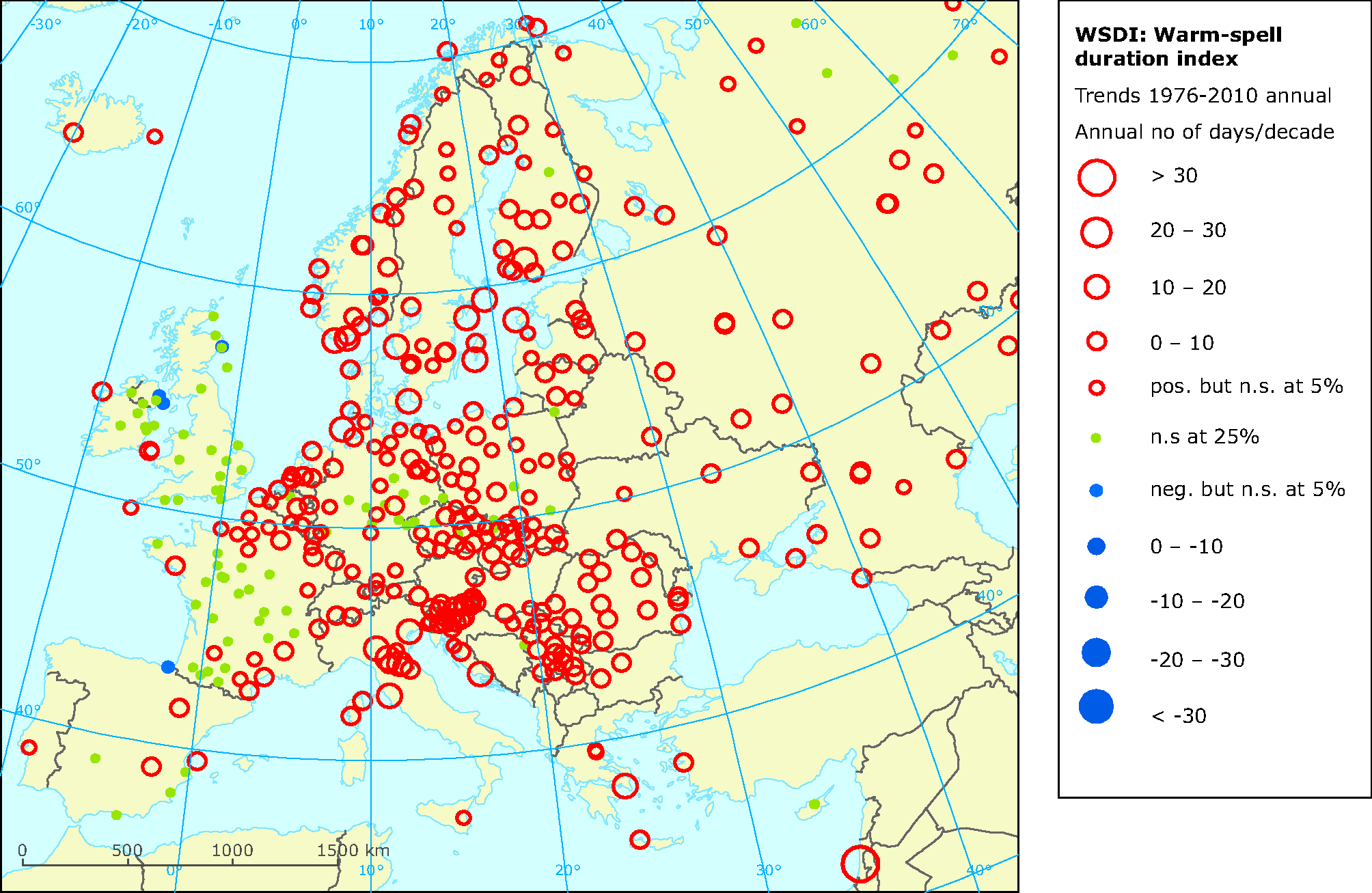 Observed changes in warm spells indices 1976-2010 (in days per decade)