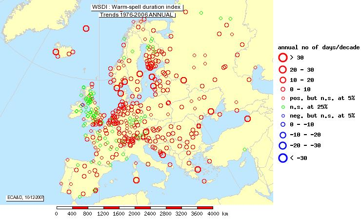 Changes in duration of warm spells in summer across Europe, in the period 1976-2006 (in days per decade)