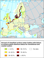 Chemical status of transitional and coastal waters per RBD — percentage of water bodies not achieving good chemical status