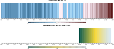 Climate stripes 1850-2021 (top figure) and biodiversity stripes 1970-2018 (bottom figure)