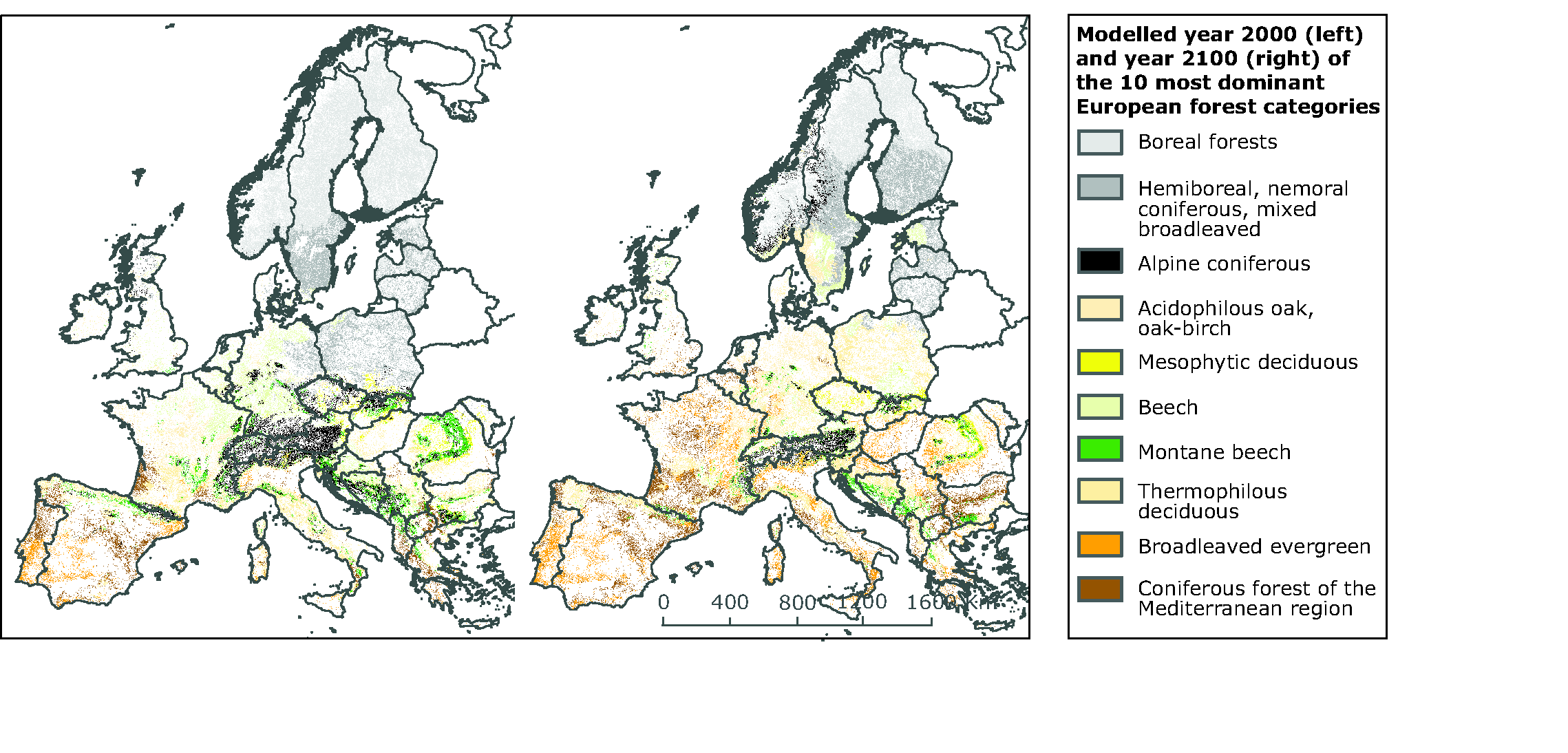 Current (2000) and projected (2100) forest coverage in Europe