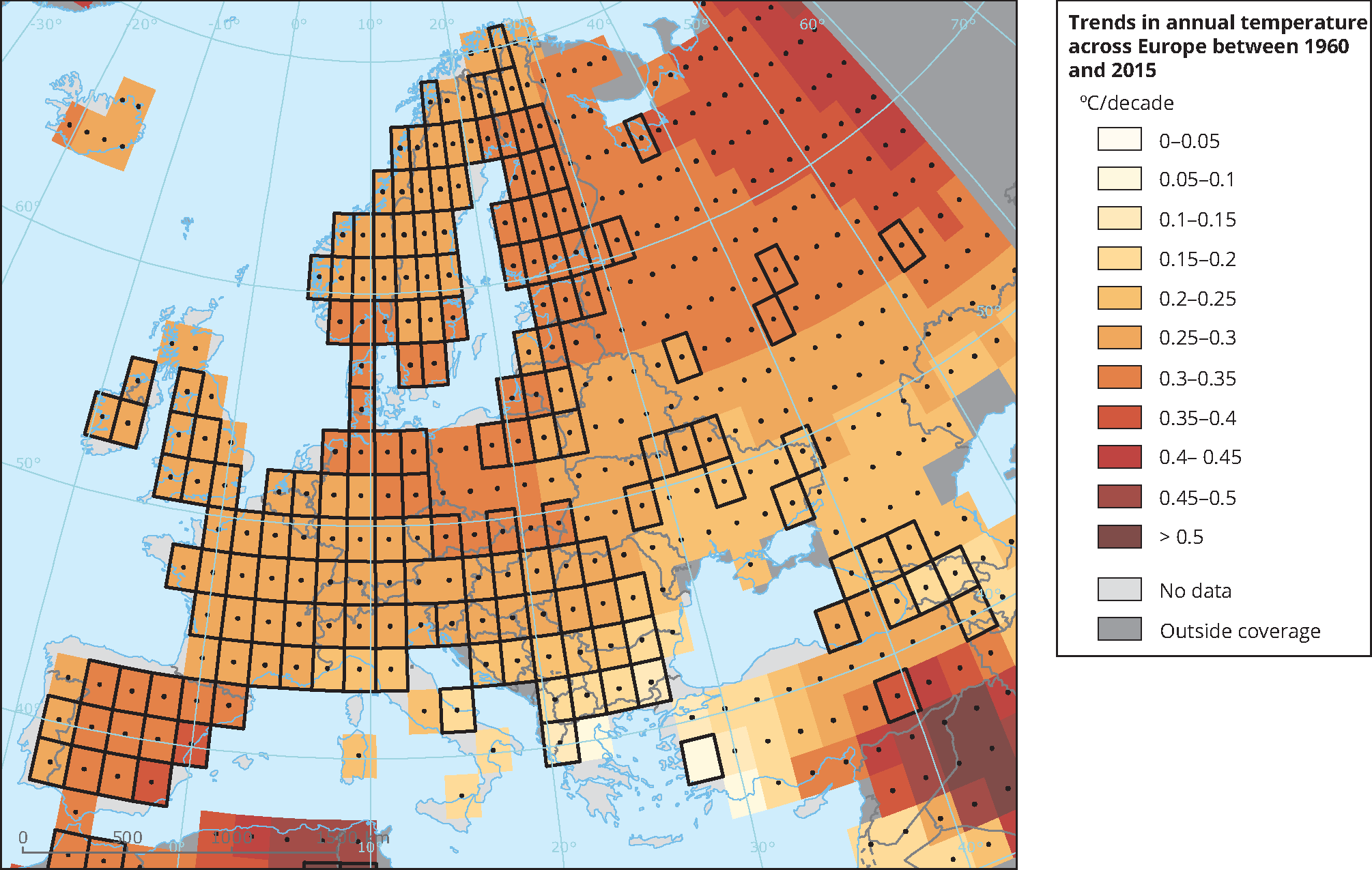 Trends in annual temperature across Europe between 1960 and 2015