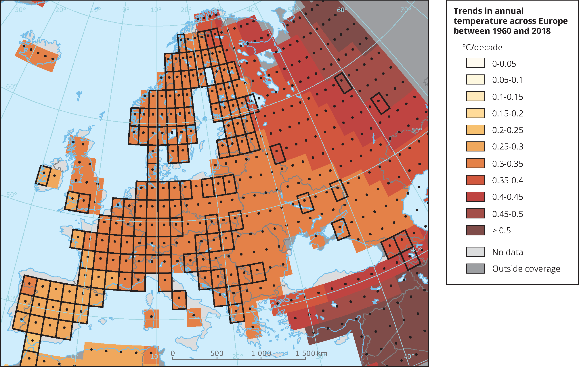 Trends in annual temperature across Europe between 1960 and 2018