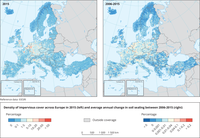 Density of impervious cover across Europe in 2015 (left) and average annual change in soil sealing between 2006-2015 (right)