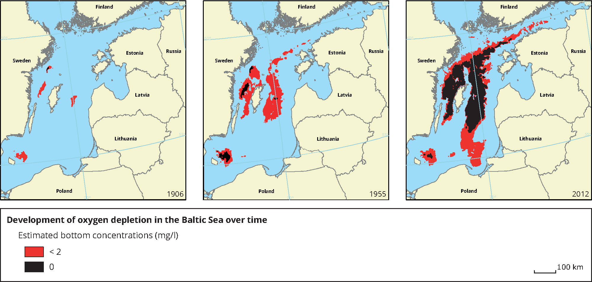 Development of oxygen depletion in the Baltic Sea over time