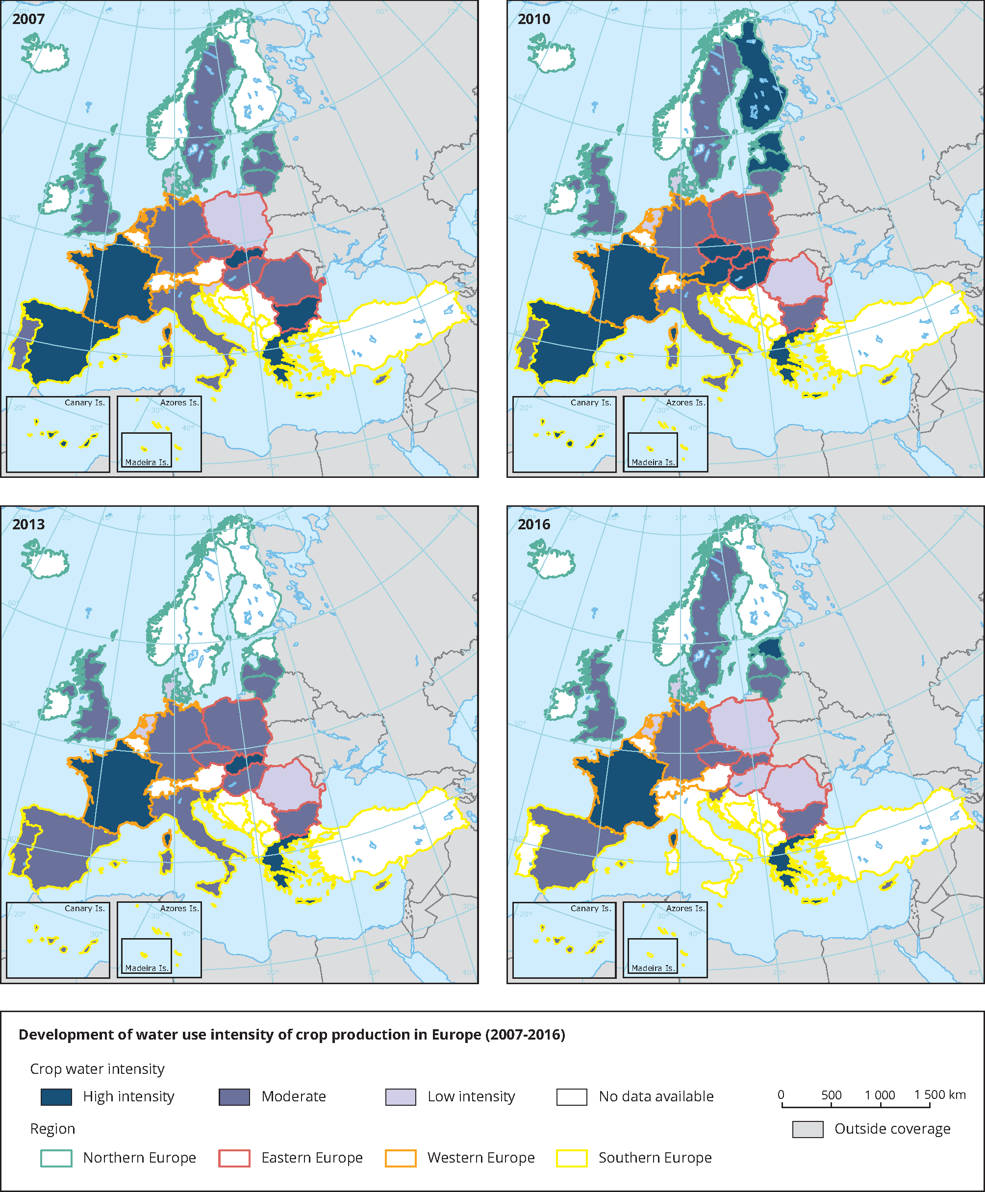 Development of water intensity of crop production in Europe (2007-2016)