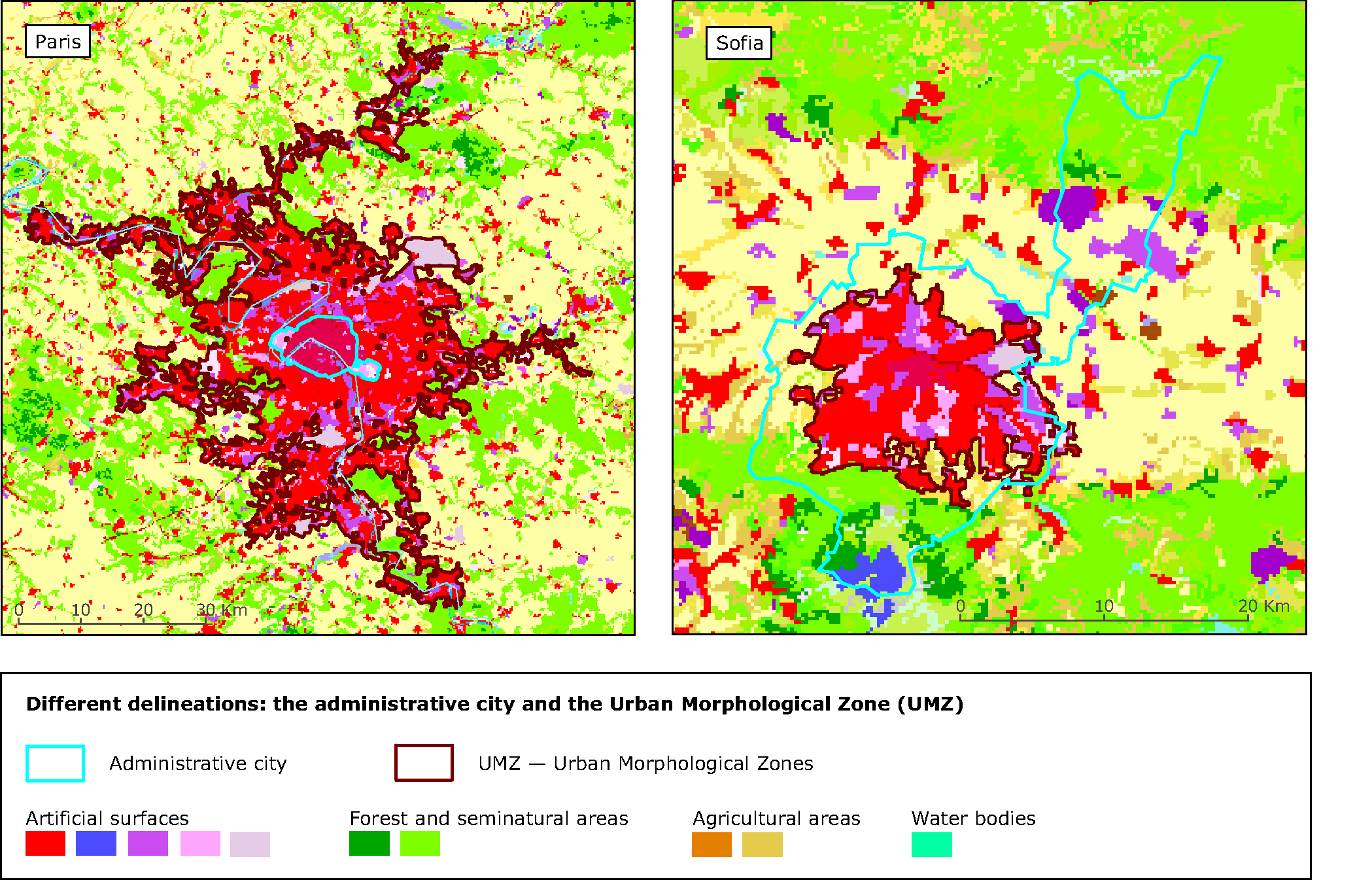 Different Urban Delineations The Administrative City And The Urban Morphological Zone Umz Of Paris And Sofia European Environment Agency