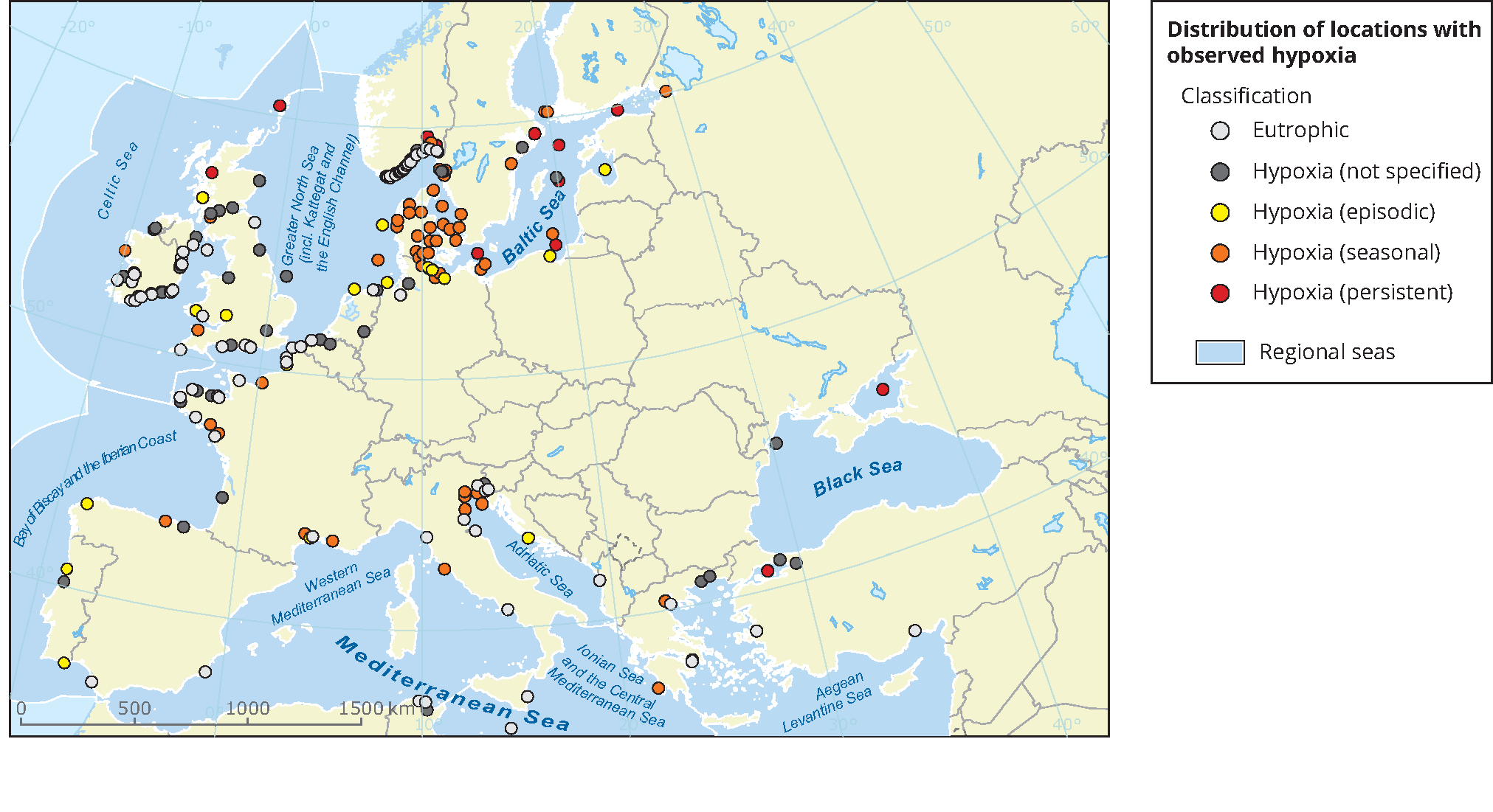 Distribution of oxygen-depleted 'dead zones' in European seas