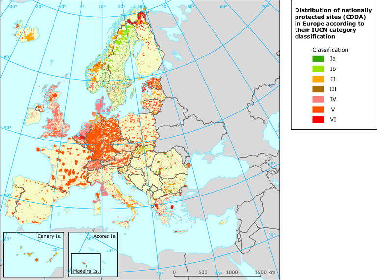 Distribution of nationally protected sites (CDDA) in Europe according to their IUCN category classification - eps file