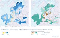 Ecological sensitivity index of offshore wind energy (left map) and combined effects of human activities and pressures (right map)