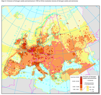 Emissions of nitrogen oxides and ammonia in 1995 at 50km resolution (tonnes of N per year)