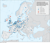 Estimated loss of carbon sequestration potential in FUAs due to sealing in the EU-27 and the UK region between 2012 and 2018 (in tonnes of carbon)