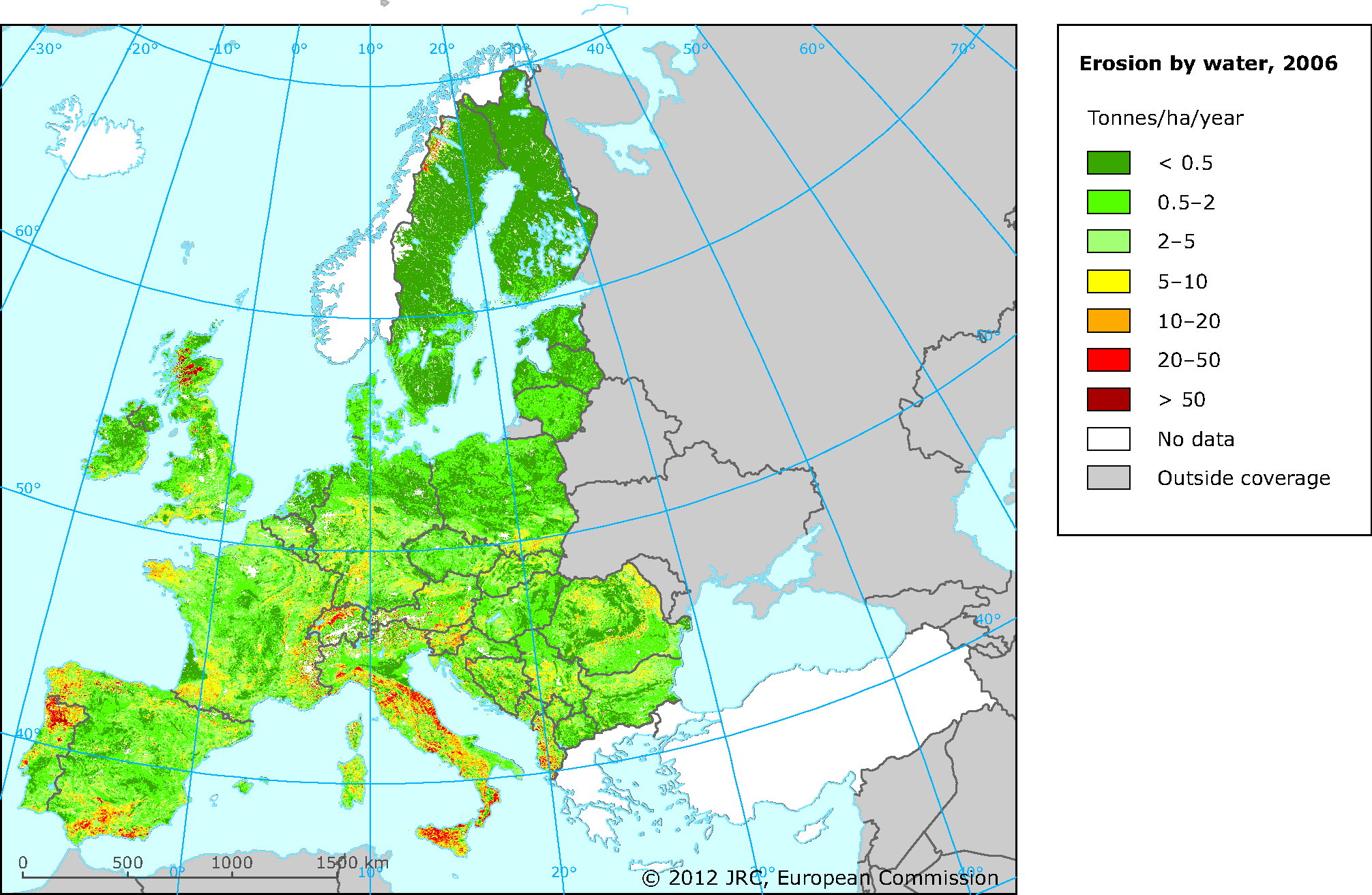 Estimated soil erosion by water in Europe