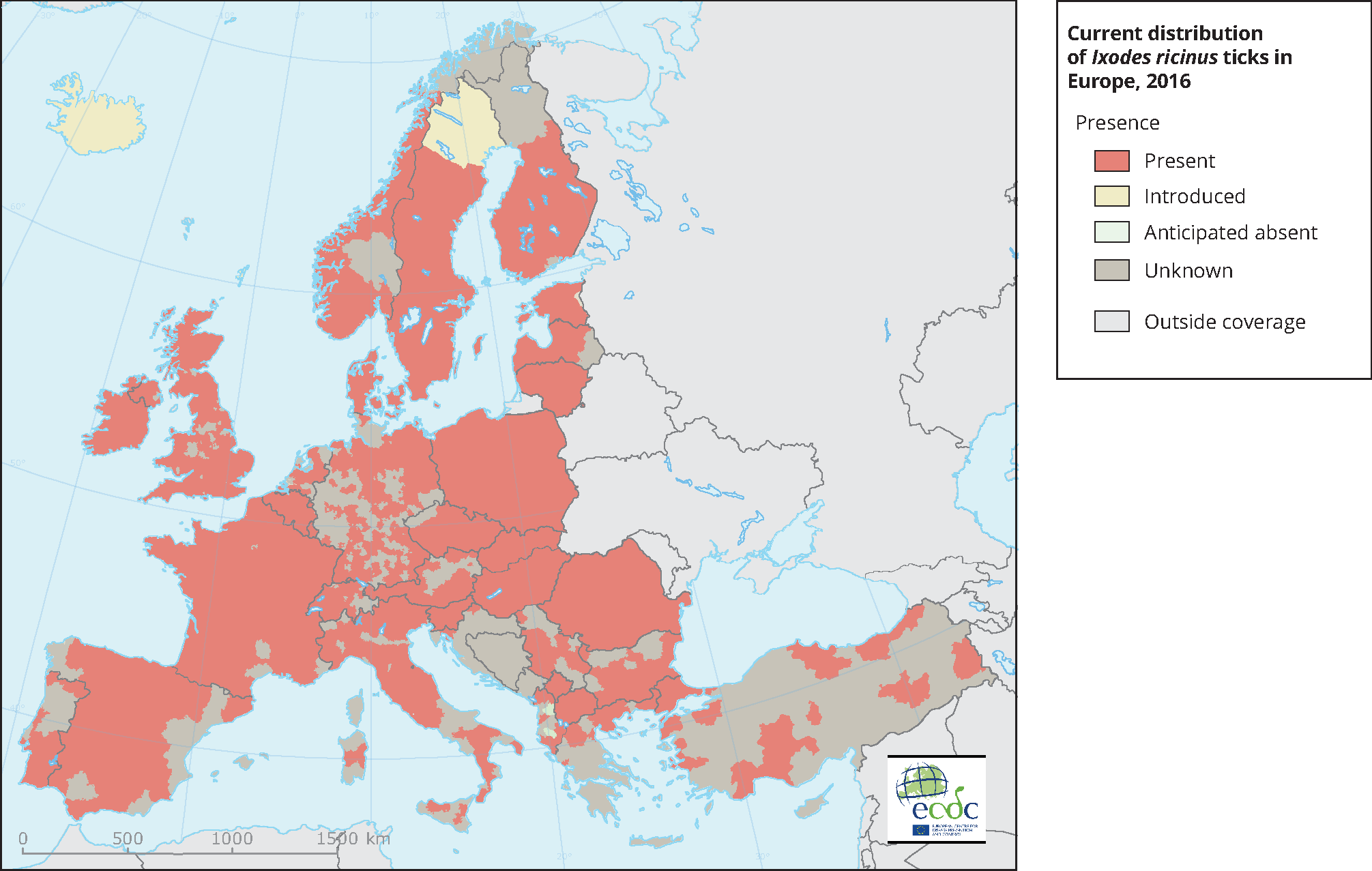 Current European distribution of Ixodus ricinus ticks