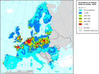 Exceedance of the critical loads for acidification in Europe (as average accumulated exceedances), 2004