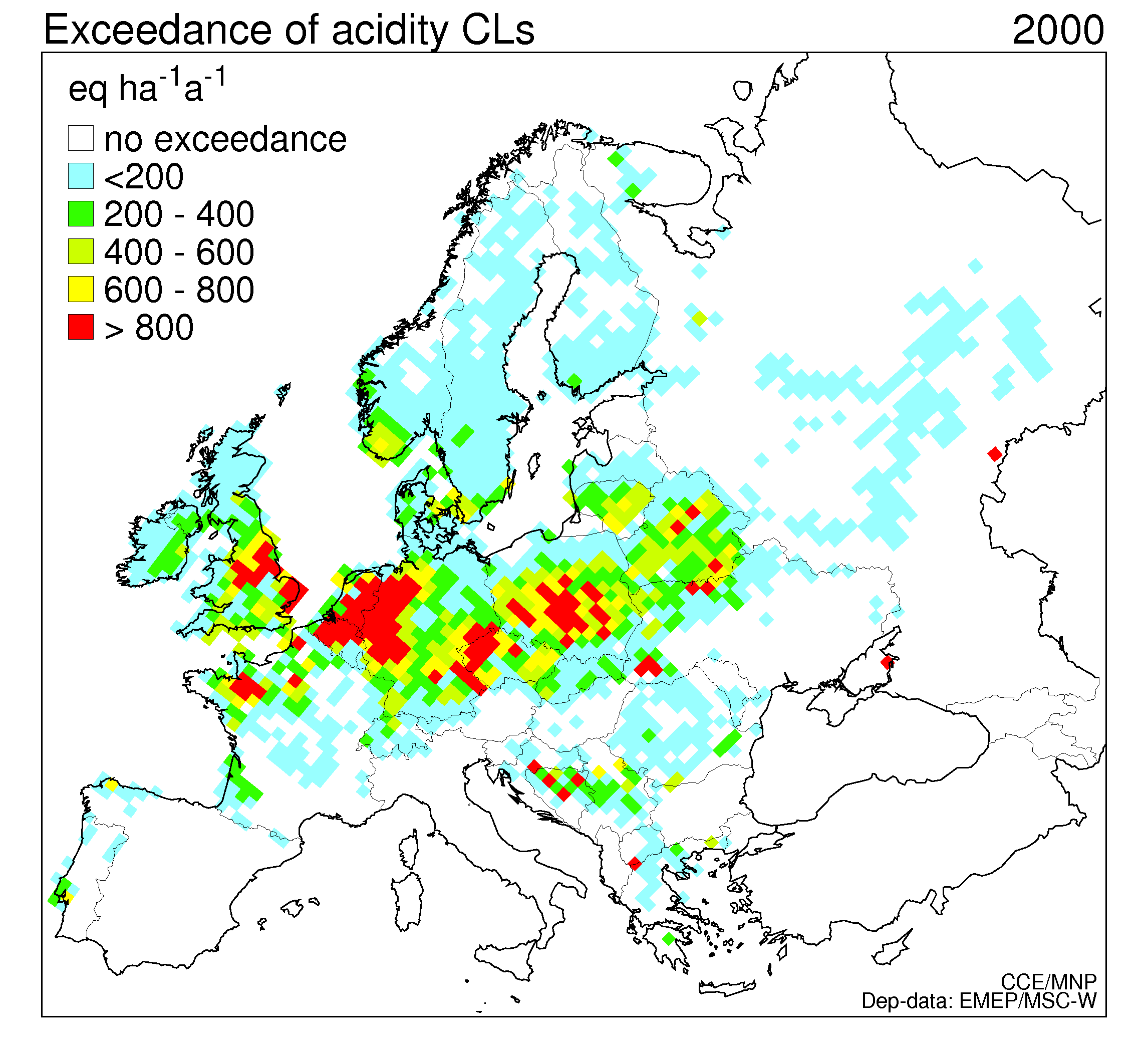 Exceedance of the critical loads for acidity in Europe (as average accumulated exceedances), 2000