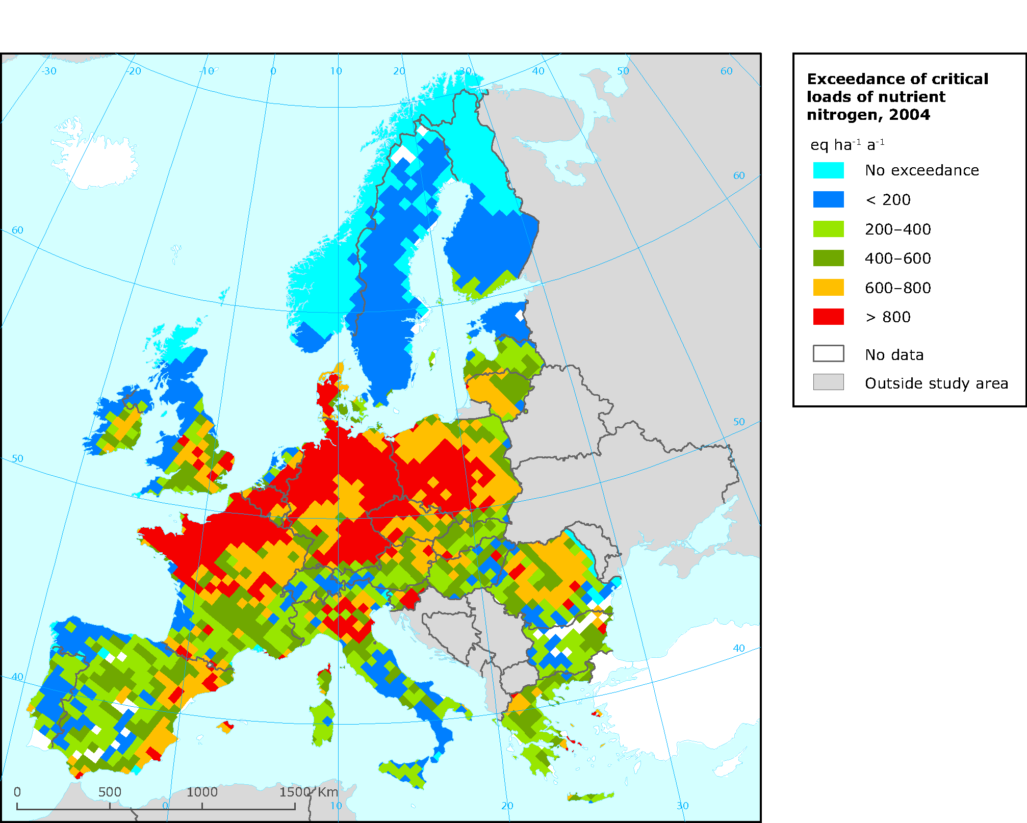 Exceedance of the critical loads for eutrophication in Europe (as average accumulated exceedances), 2004