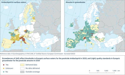Exceedances of (left) effect thresholds in Europe’s surface waters for the pesticide imidacloprid in 2020; and (right) quality standards in Europe’s groundwater for the pesticide atrazine in 2020