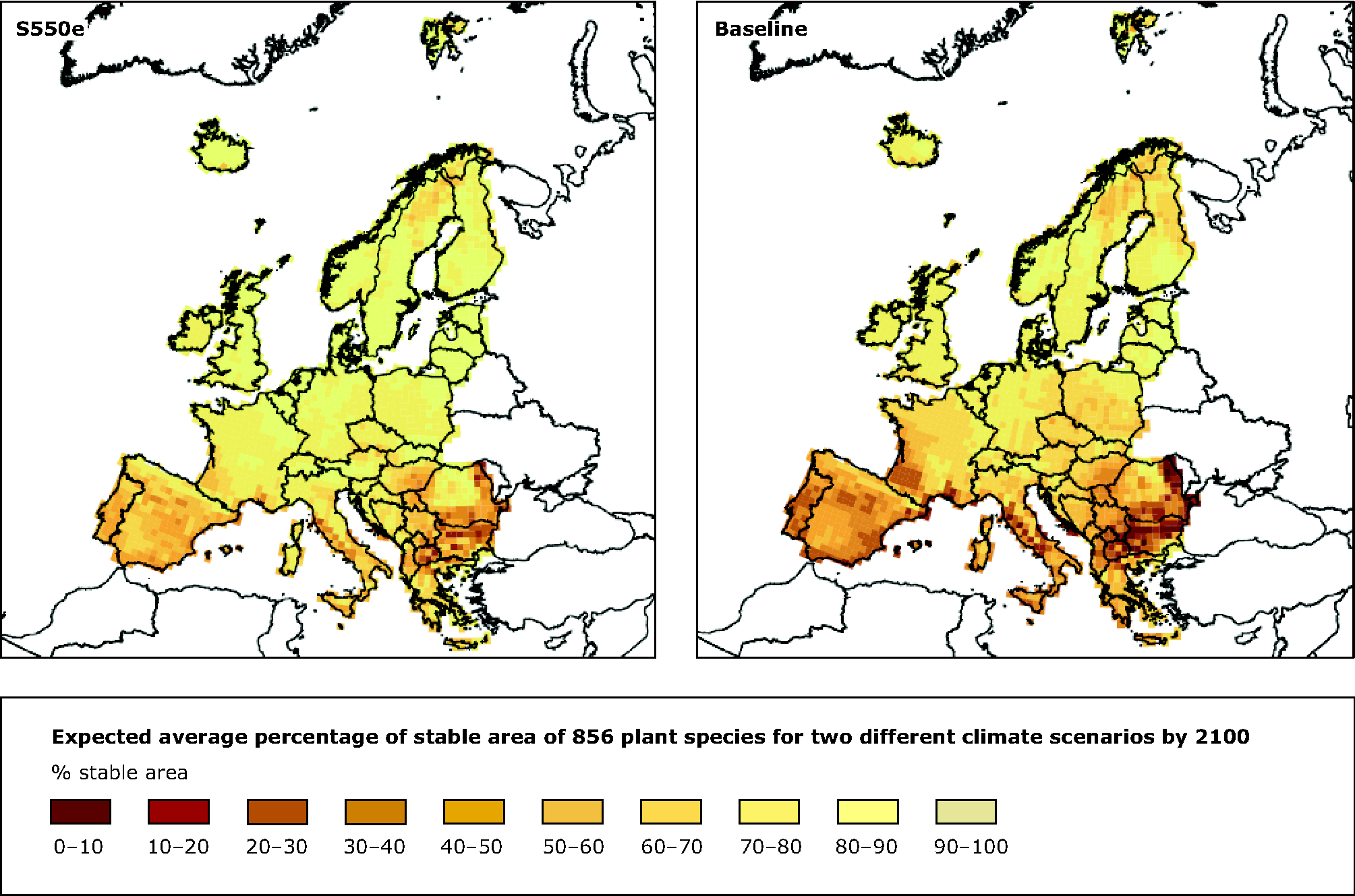 Expected average percentage of stable area of 856 plant species for two different climate scenarios
