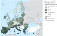 Exposure to ozone SOMO35 mapped against long-term unemployment, 2013-2014