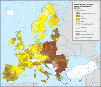 Exposure to PM2.5 mapped against GDP per capita, 2013-2014 