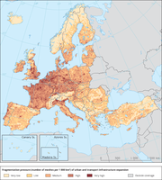 Fragmentation pressure (number of meshes per 1 000 km²) of urban and transport infrastructure expansion
