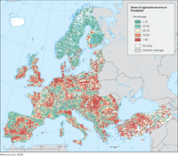 Geographical distribution of the share of agricultural land in floodplain areas, calculated by functional elementary catchments (FEC)